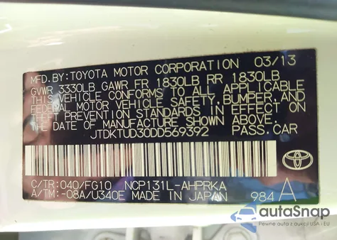 2013 Toyota Yaris Le from USA, damaged, VIN JTDKTUD30DD569392